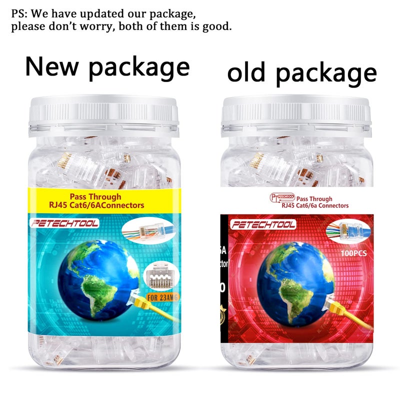 PETECHTOOL RJ45 23AWG Cat6a Cat6 Connector Gold Plated 8P8C Pass Through Ends UTP Network Plug for Unshielded Twisted Pair Solid Wire & Standard Cables | Transparent Passthrough Ethernet Connector (100Packs) - Image 2